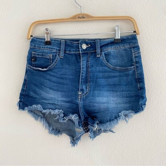 KanCan Dark Wash Denim Raw Fringe Hem High Rise Shorts KC6033M Size 9/28 - Picture 2 of 9